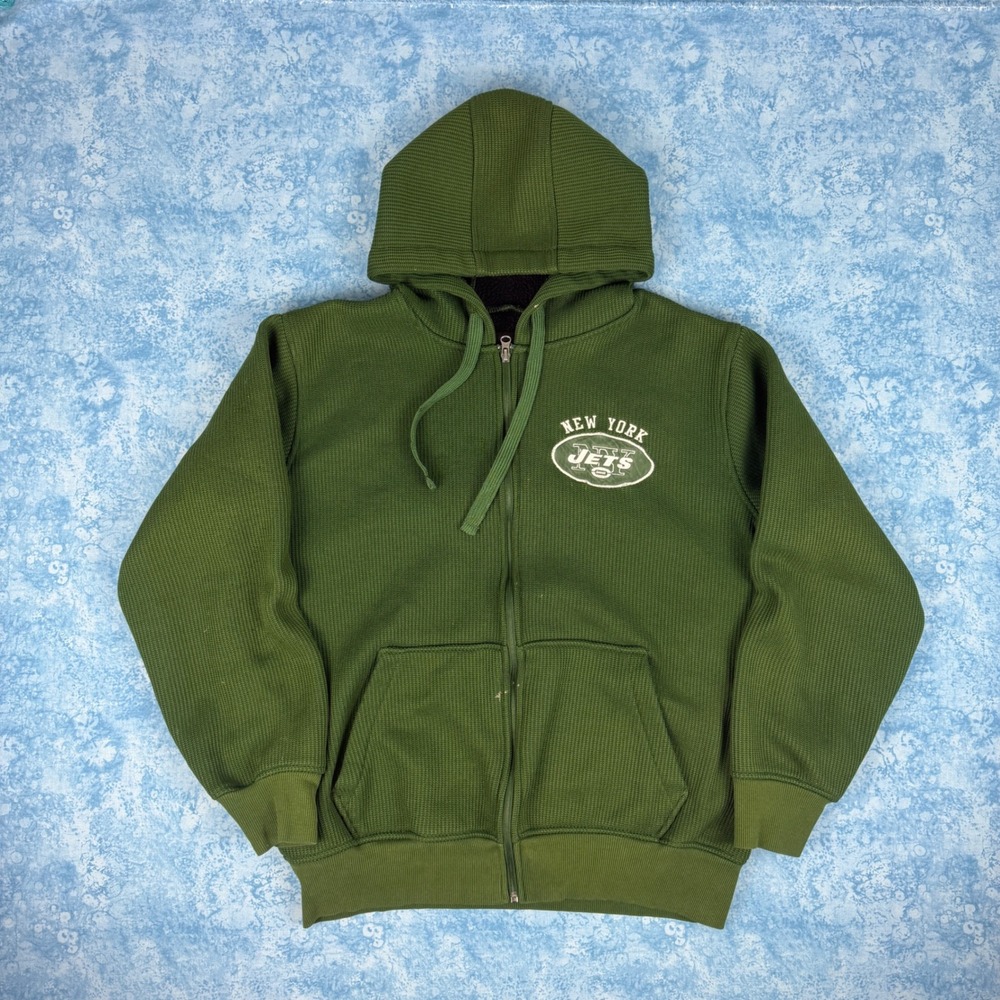 NFL New York Jets Full Zip Waffle Knit Fleece Lined Hoodie Green Mens Large